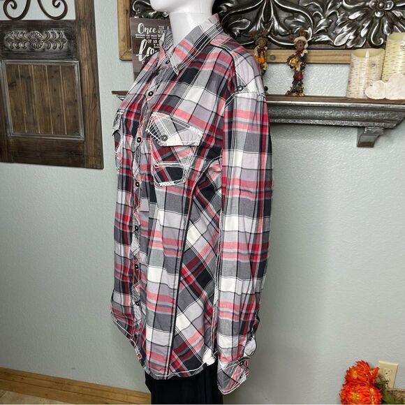 Buckle Black Plaid Topstitching Long Sleeve Button Down Tops Men’s XL - Picture 4 of 15